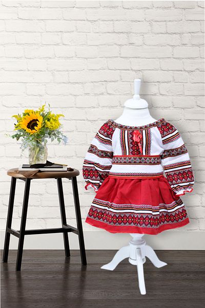 Recostore Costum popular, alb-rosu, 3 piese, bluza, fusta, brau, pentru fetite REC5