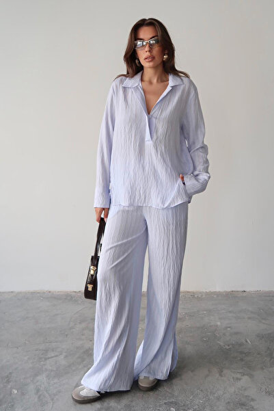 VAGGON طقم علوي وسروال نسائي أزرق اللون بياقة قميص Vs00676