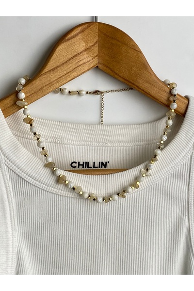 Chillin' Gerçek Doğal Taşlı Tasarım Çelik Kolye Sitrin Taşı/ Opal Taşı / Taşı