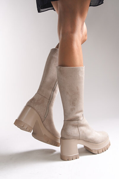 Riccon Lvamel Dámské kozačky na podpatku pod kolena 0012501 Béžový semiš