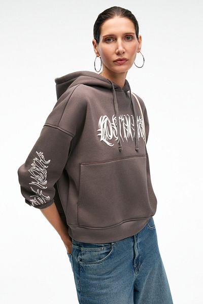 GRIMELANGE Alirayne Women's Printed Oversize Hooded Kangaroo Pocket Anthracite Sweatshirt