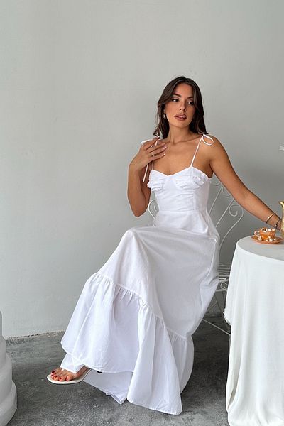 VAGGON Women White Slim Strap Stitching Detail Long Dress Vs00667