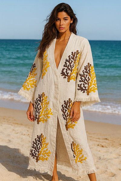 LaraLisa 4 Layers Natural Muslin Cotton Fabric Chemical Treatment Unprocessed Hand Printed Kaftan Kimono Peshtemal Bathrobe