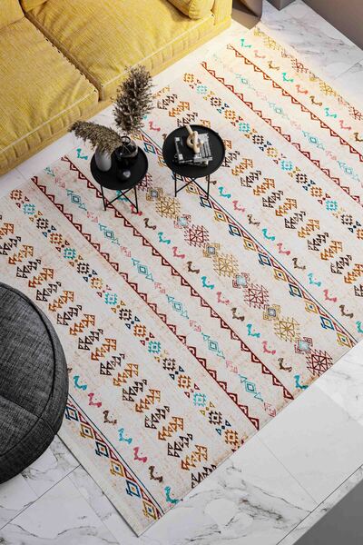 Oriente Home Bohem İskandinav Desenli Yıkanabilir Kaymaz Taban Şönil Bej Mavi Bordo Salon Halısı 8389