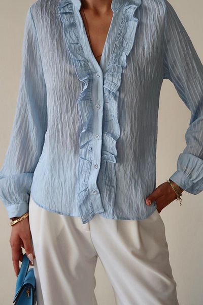 VAGGON Women's Blue Judge Collar Front Ruffle Shirt Vs00665