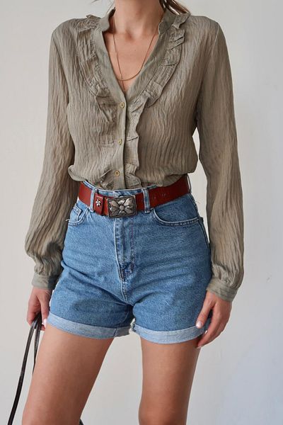 VAGGON Women's Khaki Judge Collar Front Ruffle Shirt Vs00665