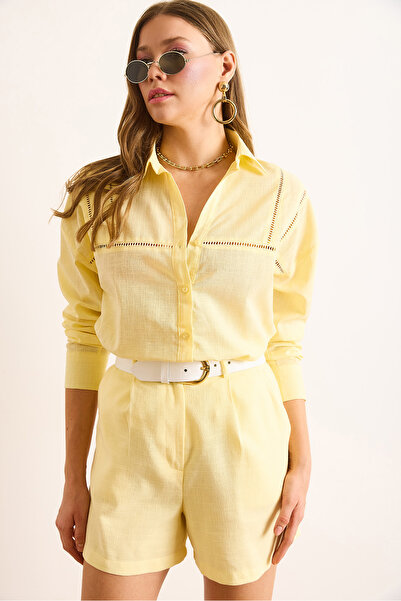 Olalook Women's Yellow Flamingo Detailed Flam Linen Shirt Gml-19001371
