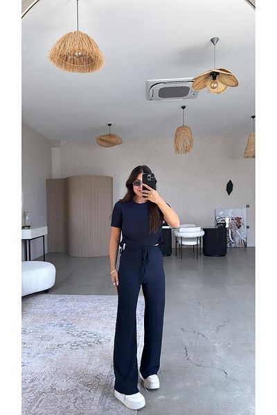 Buket Teke Navy Blue Seersucker Drawstring Cropped Suit