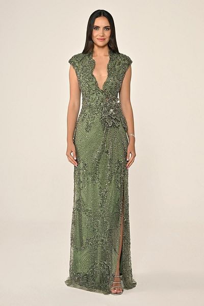ALFABETA Alfa Beta Women's Low-Cut Waist Flower Accessory Sequin Long Evening Dress