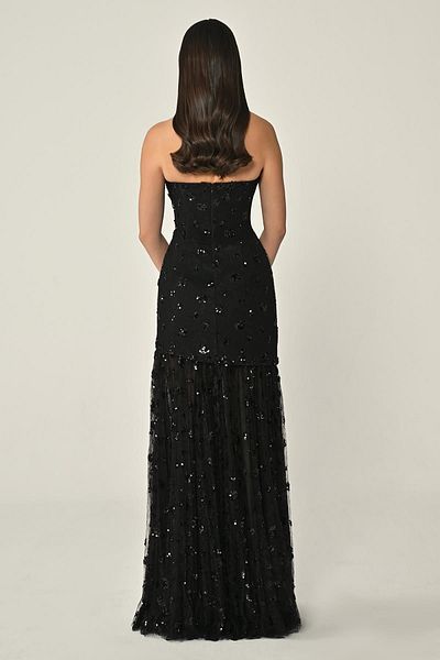 ALFABETA Women's Asymmetrical Strapless Neckline Shiny Stone Patterned Tulle Detailed Black Evening Dress & Homecoming Dress Ab7112