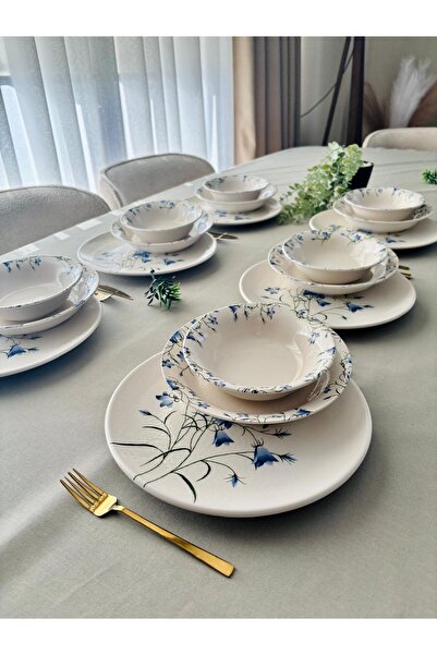 Yiğit Seramik Züccaciye Mavi Çiğdem 6 Kişilik 18 Parça Yemek Takımı