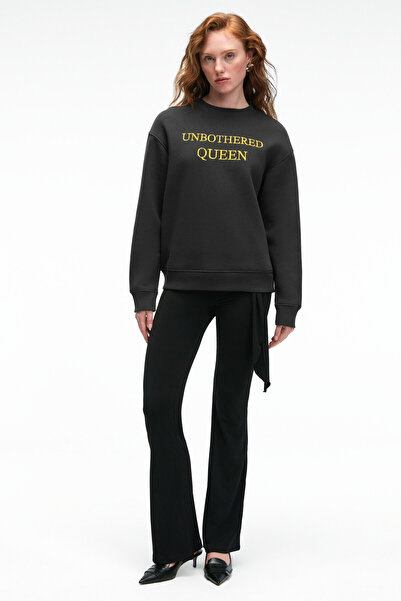 GRIMELANGE Ayshur Women's Stretch Fabric Waistband Detail Wide Leg Slim Fit Black Pants