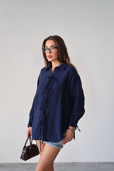 VAGGON Women's Dark Blue Button Detailed Tie-Up Muslin Shirt Vs00662