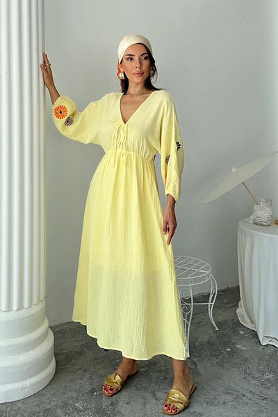 VAGGON Women's Yellow V-Neck Balloon Sleeve Lace-Up Dress Vs00669