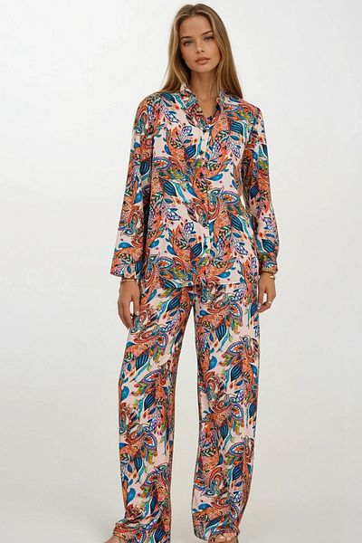 VAGGON Patterned Oversize Shirt and Lace-Up Palazzo Pants Set
