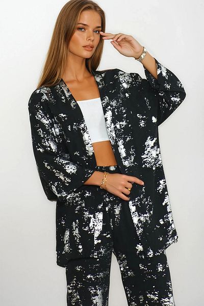 VAGGON Patterned Kimono and Elastic Waist Pants Kimono Set