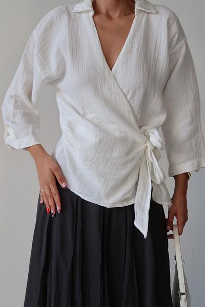VAGGON Women's White Double Breasted Collar Tie-Up Muslin Blouse Vs00677