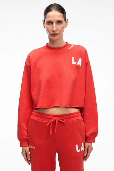 GRIMELANGE Delyra Women's Crew Neck Relaxed Fit Red Sweatshirt with Embroidery Detail