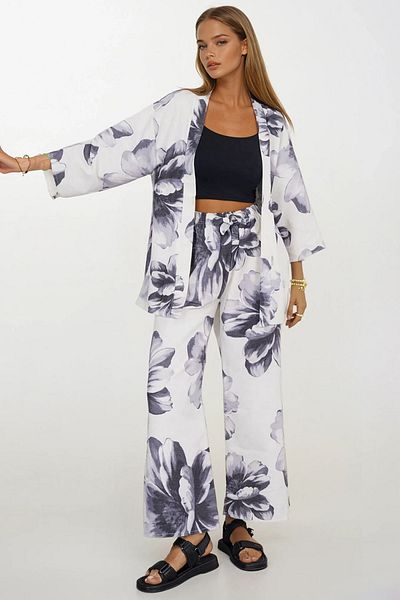 VAGGON Women's Anthracite Floral Pattern Kimono Cardigan and Tie-Up Pants Kimono Suit Vs00382