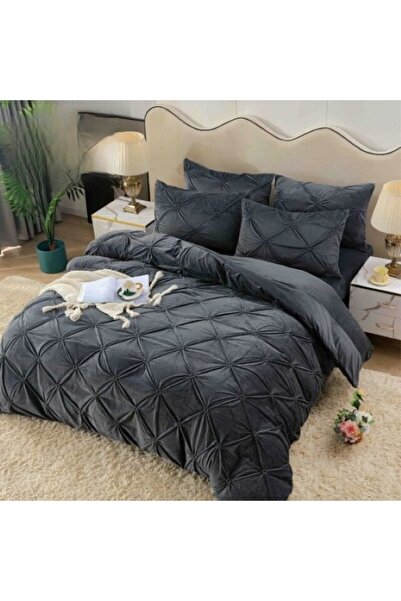 JOJO HOME Double Bed Set, Jojo Home, Pleated Velvet, 4 Pieces, 2 Persons, 180x200cm, Dark Grey