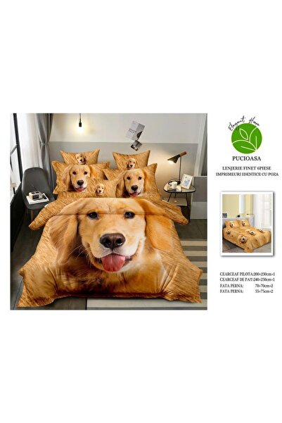 Pucioasa Double bed linen, 2-sided, 3D dog print, 6 pieces, 240x250 cm, fine satin, beige