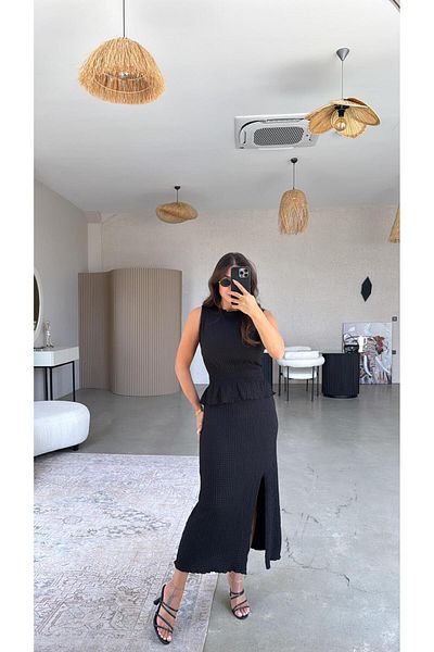 Buket Teke Seersucker Suit with Black Slit Skirt and Blouse