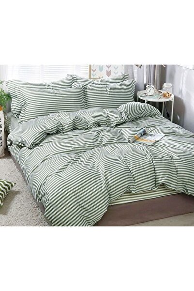 OEM Double-sided bed linen, stripes, 4 pieces, 2 persons, 180x200cm, satin cotton, green-white