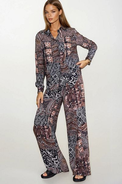 VAGGON Patterned Oversize Shirt and Lace-Up Palazzo Pants Set