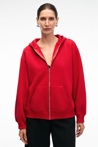 GRIMELANGE Valenya Women's Oversize Hooded Balloon Sleeve Metal Zipper Red Sweatshirt