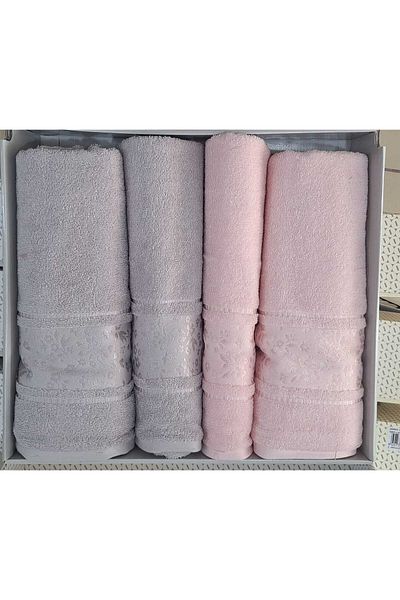 Özdilek Camellia Best Set Gray Pink Bathroom Set 2 Towels + 2 Beach Towels