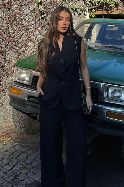 VAGGON Women's Black Double Pocket Buttoned Vest Pants Bottom Top Suit Vs00680