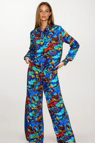 VAGGON Patterned Oversize Shirt and Lace-Up Palazzo Pants Set