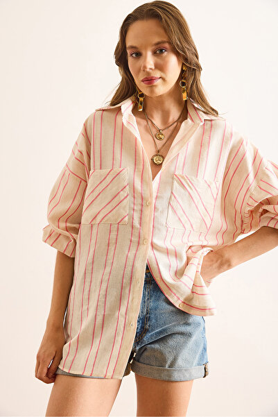 Olalook Women's Beige Pink Double Pocket Striped Boyfriend Shirt Gml-19001378