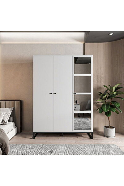 Just Home Alba 3 Kapaklı Gardırop - Beyaz / Siyah - 196x54x140 cm