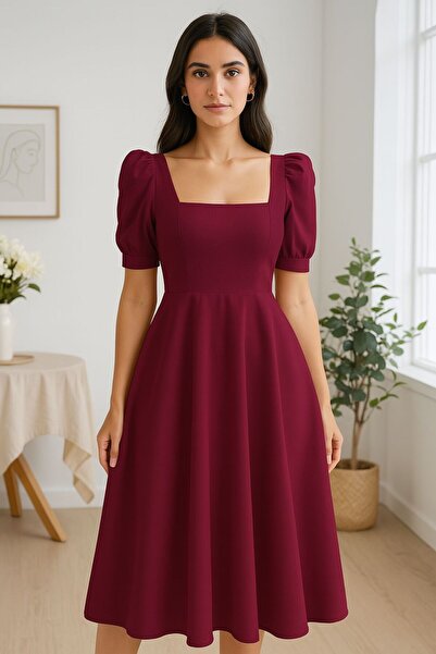 Styling Park Kısa Kol Kare Yaka Kloş Midi Boy Elbise