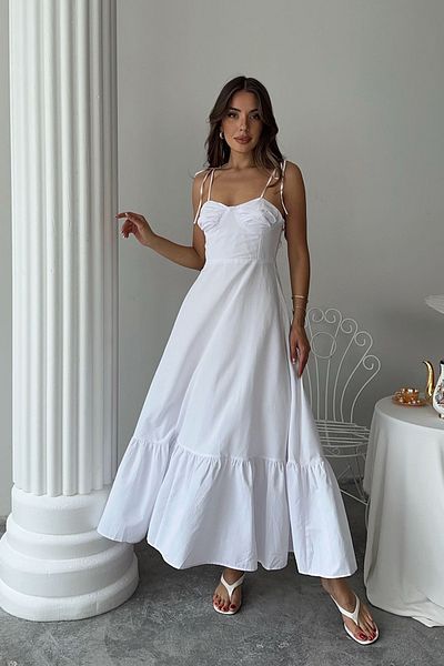 VAGGON Women White Slim Strap Stitching Detail Long Dress Vs00667
