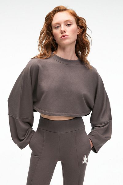 GRIMELANGE Anouk Women's Cotton Print and Patch Detailed Crew Neck Crop Anthracite Sweatshirt
