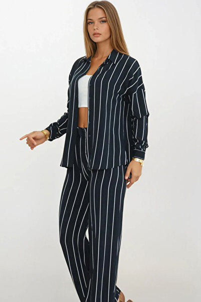 VAGGON Women's Black Striped Oversize Shirt and Lace-Up Palazzo Pants Set Vs00376