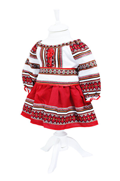 Recostore Costum popular, alb-rosu, 3 piese, bluza, fusta, brau, pentru fetite REC5