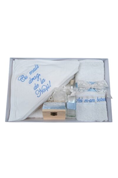 OEM Trusou pentru botez, "Cu mult drag de la Nasi", 7 piese, bleu cu dantela