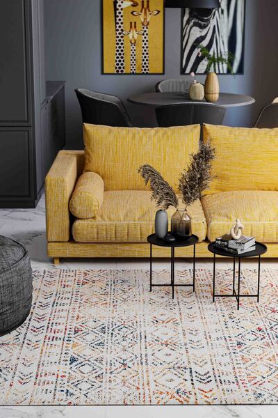 Oriente Home Eskitme Desenli Yıkanabilir Kaymaz Taban Şönil Halı Bej Kiremit Mavi Yolluk 8387