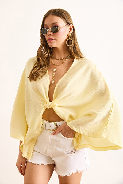 Olalook Women's Yellow Bat Model Crop Muslin Kimono Kmn-00000071