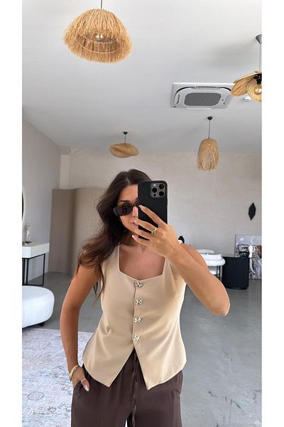 Buket Teke Beige Bow Button Fabric Vest