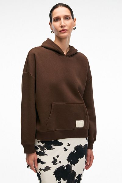 GRIMELANGE Clarie Women's Organic Cotton Oversize Kangaroo Pocket Hooded Brown Sweatshirt