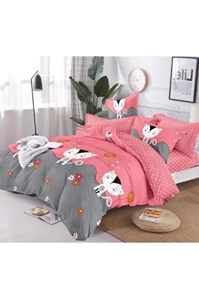 Pucioasa Double Bed Linen Set, Pucioasa, Cat Print, 6 Pieces, Reversible, 180x200cm, Finet Satin, Multicolor