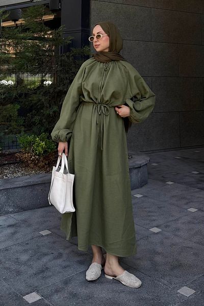 lamelif Balloon Sleeve Tie Hijab Dress Khaki
