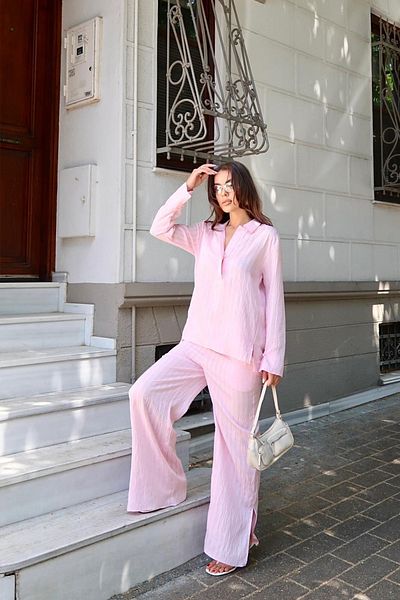 VAGGON Women's Pink Shirt Collar Bungled Bottom Top Suit Vs00676