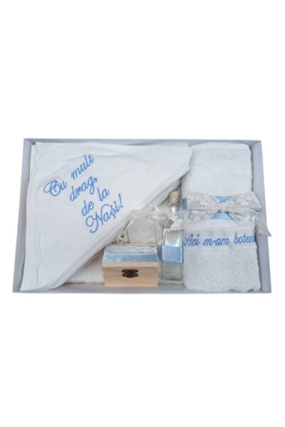 OEM Trusou pentru botez, "Cu mult drag de la Nasi", 7 piese, bleu cu dantela