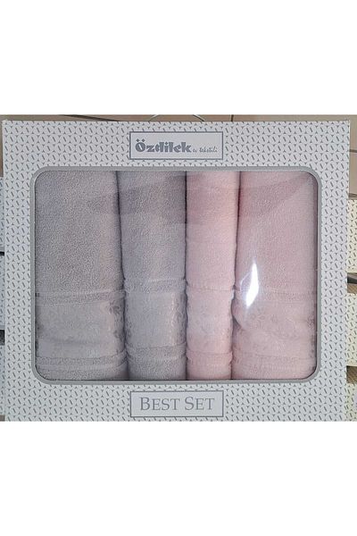 Özdilek Camellia Best Set Gray Pink Bathroom Set 2 Towels + 2 Beach Towels