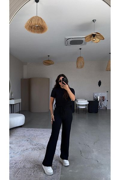 Buket Teke Black Seersucker Drawstring Cropped Suit